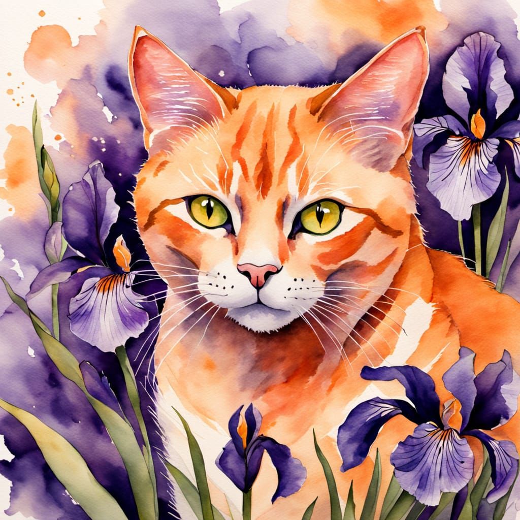 Orange Cat in Iris Garden Watercolor