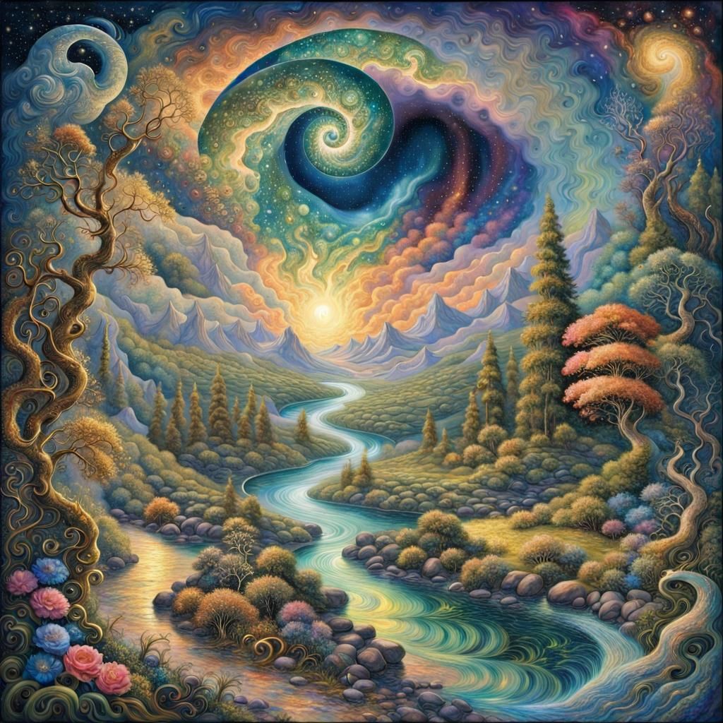 Cosmic Fantasy Landscape in Josephine Wall Style