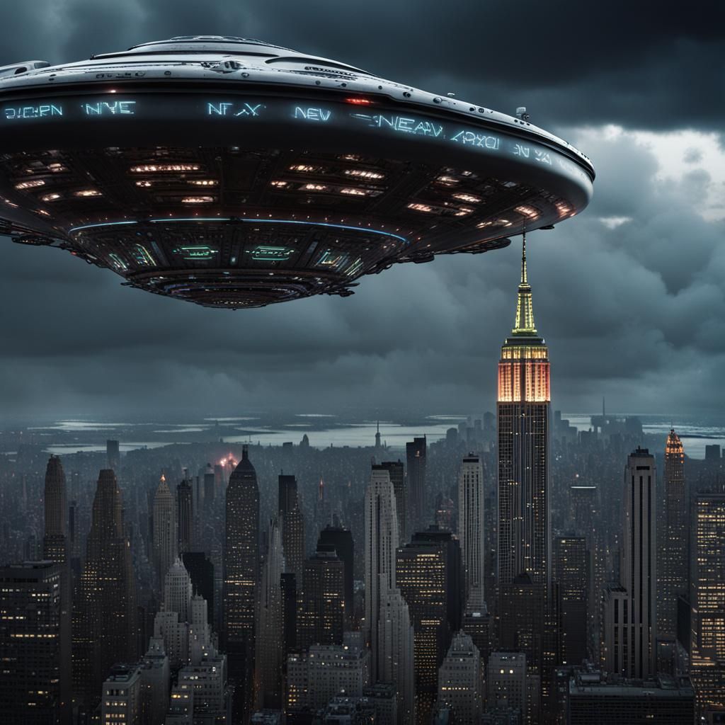 Alien Spaceship Over New York City in Sci-Fi Style