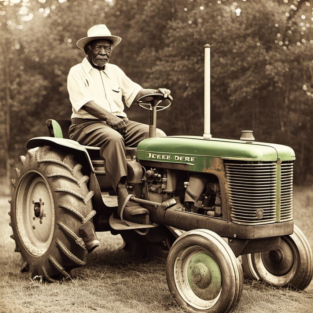Elderly Man on John Deere Tractor: Retro Photo Illustration