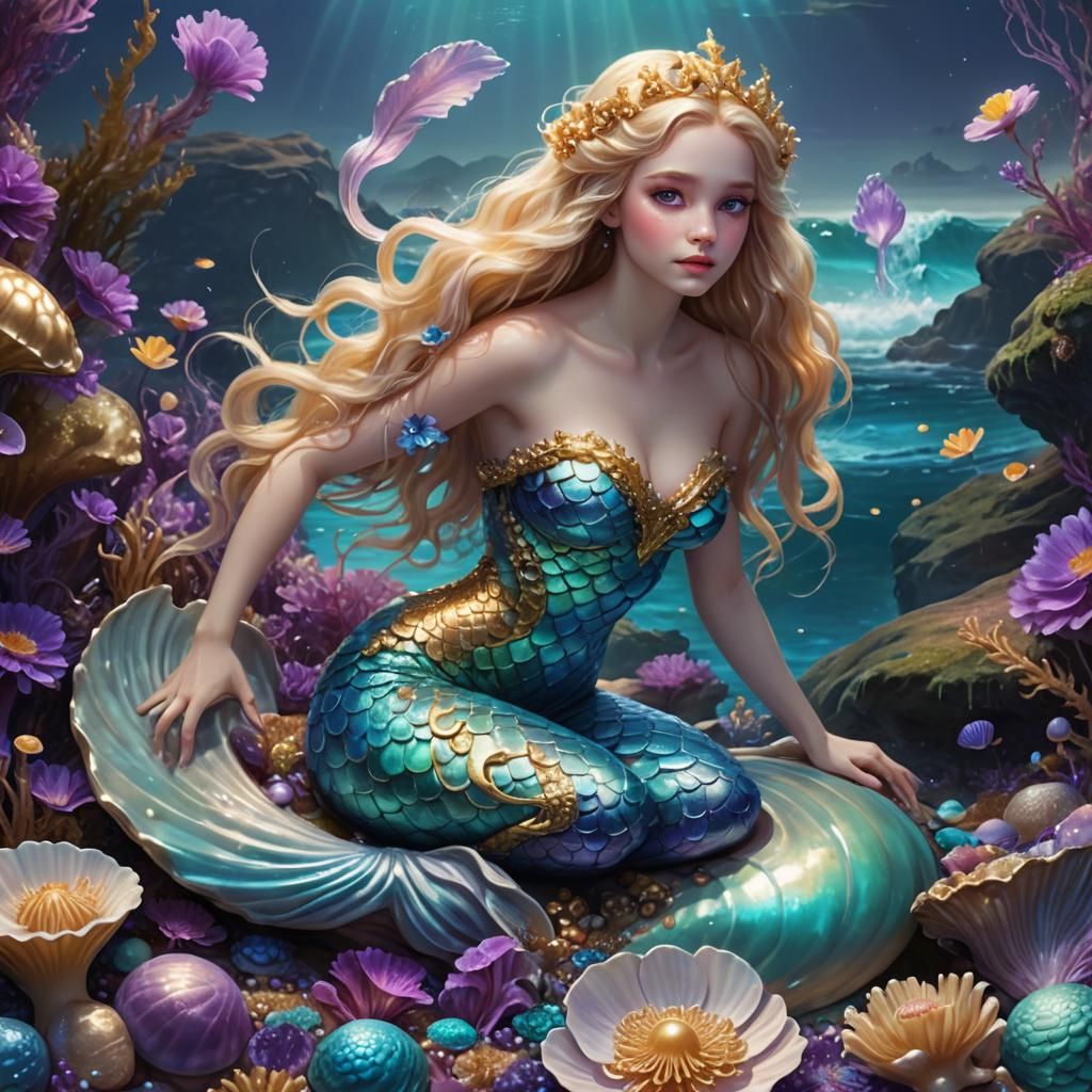Golden-Haired Mermaid on Clam Shell: Digital Matte Painting