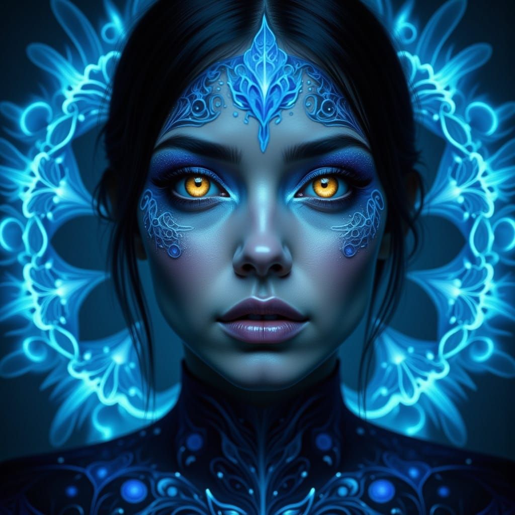 Ethereal Woman with Mandala Patterns in Arcana Blue