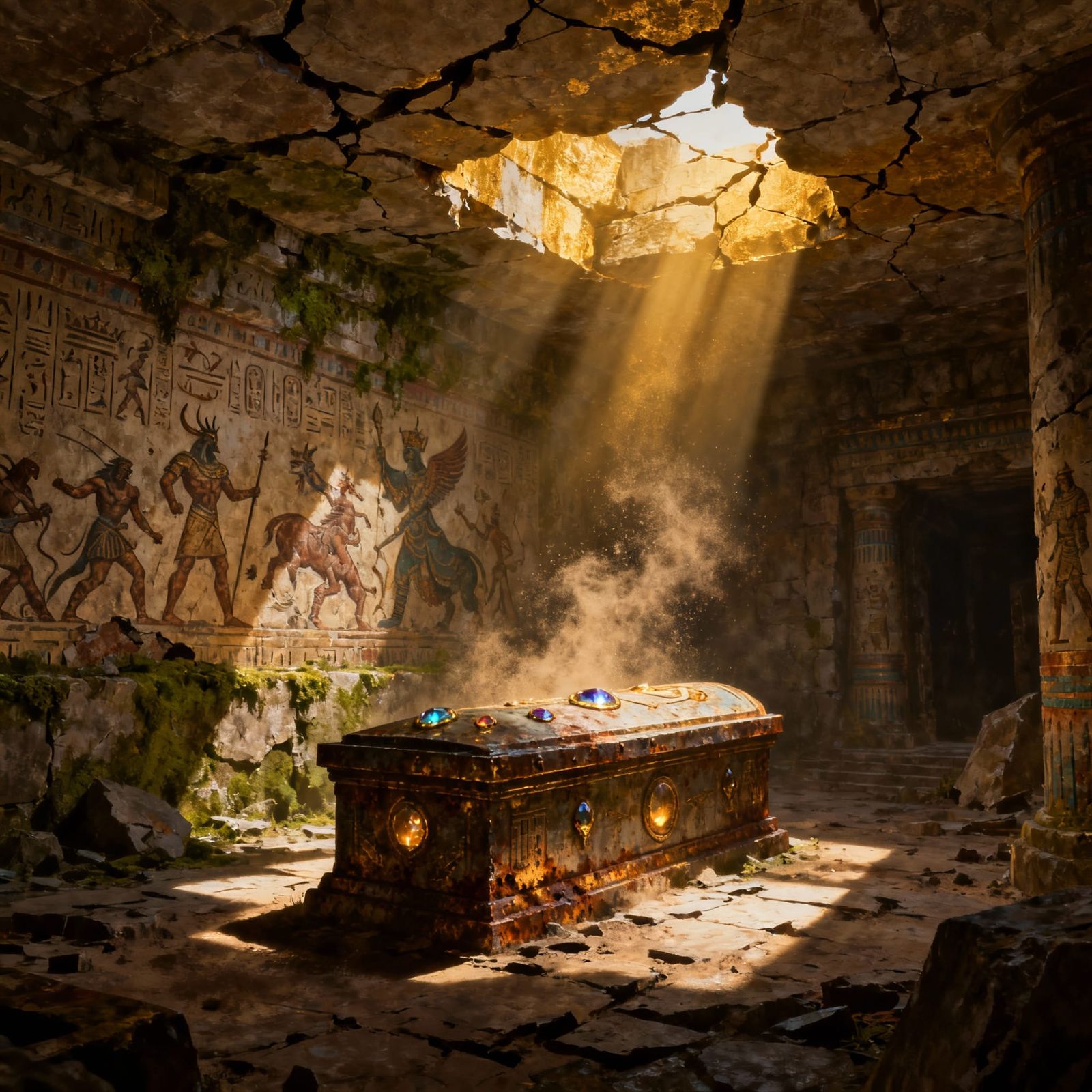 King's Tomb Illuminated by Light Shafts, Epic Fantasy Art