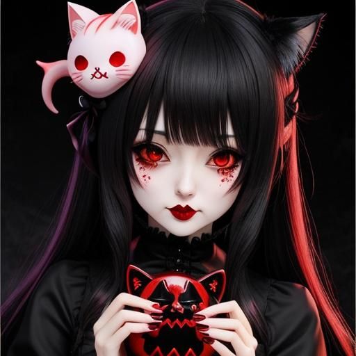Kawaii Gothic Witch Girl with Cat Features