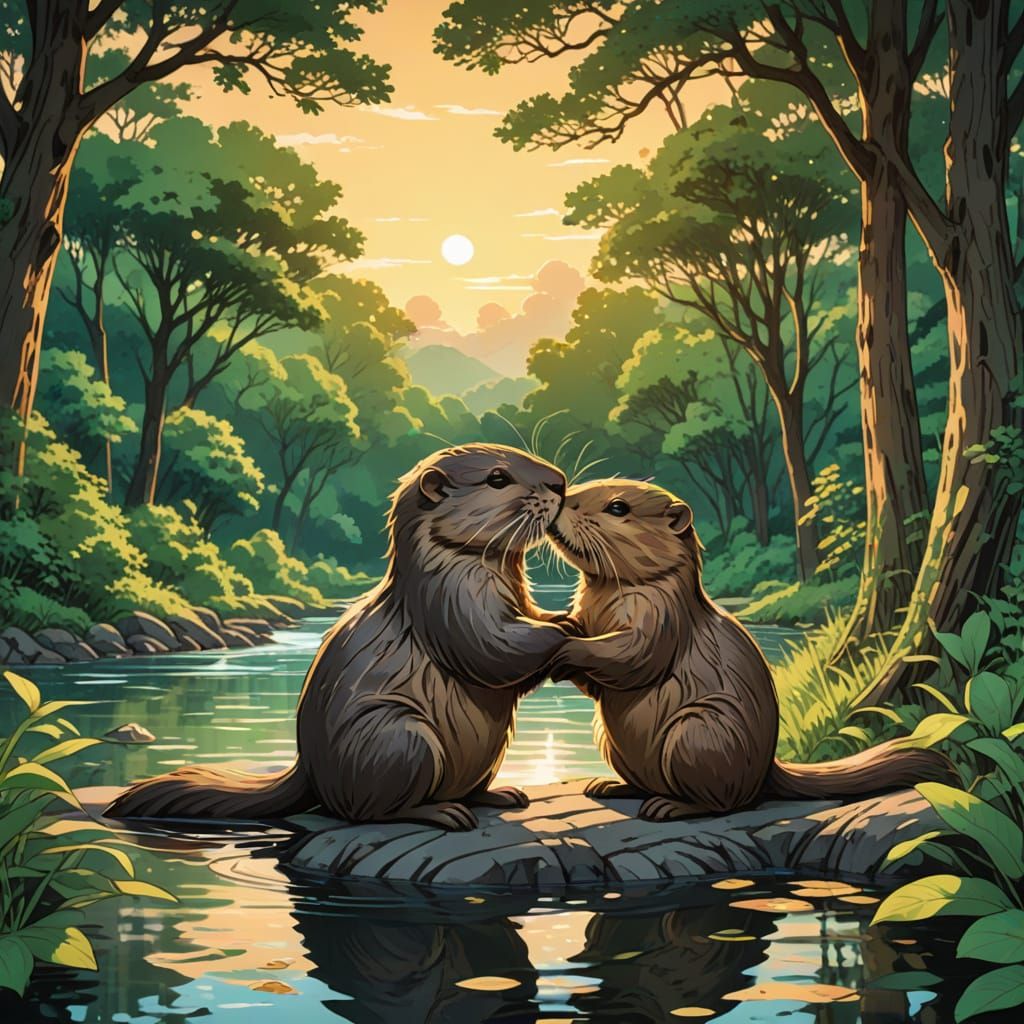 Romantic Muskrat Couple in Anime Style