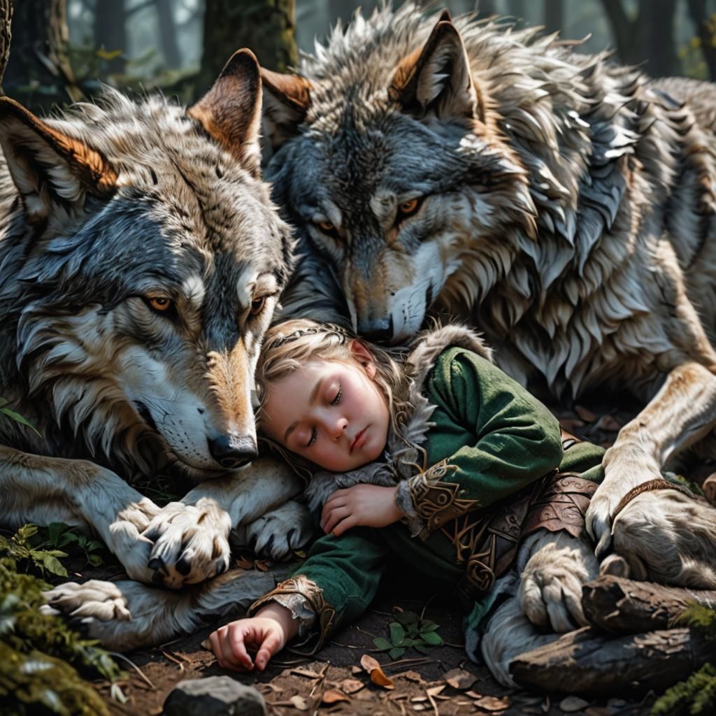 Young Female Elf Child Surrounded by Protective Grey Wolves....