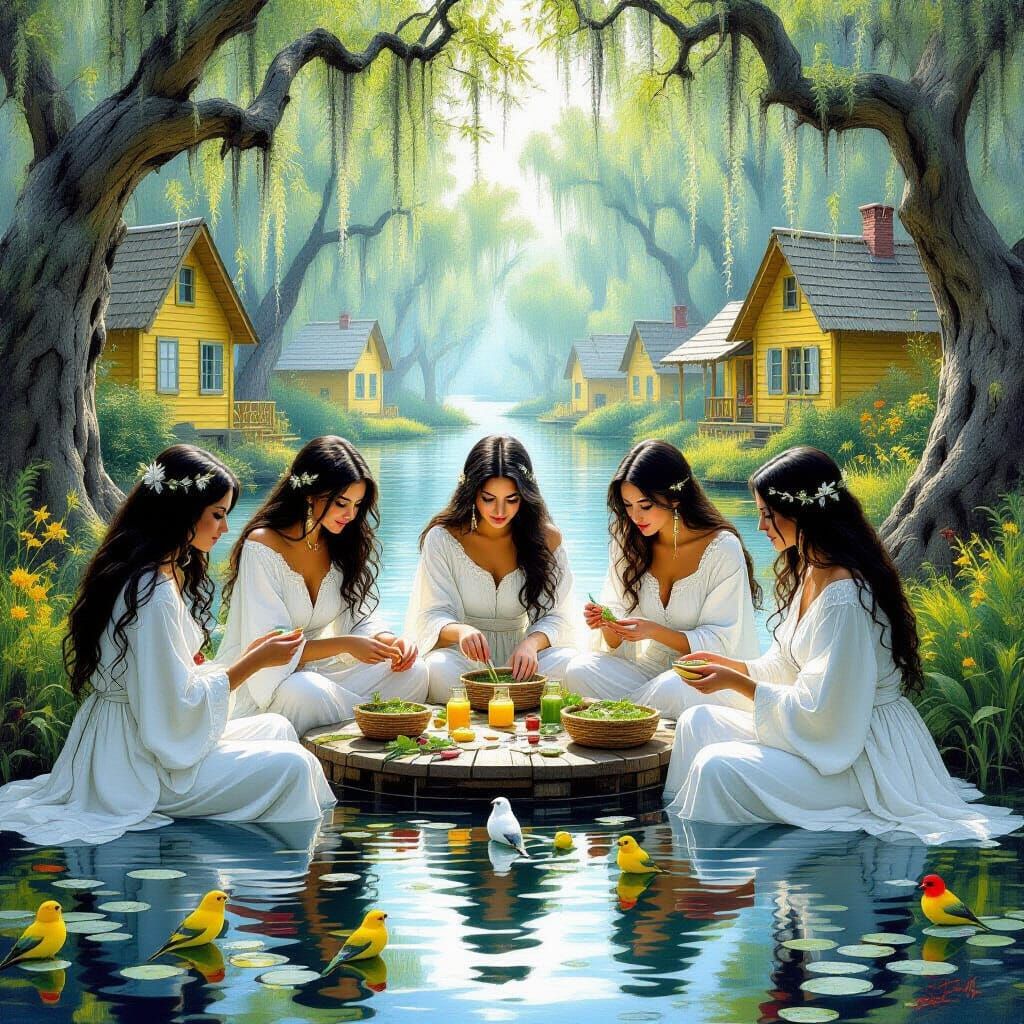 Mystical Swamp Village: Herbalists in Oil Painting Style