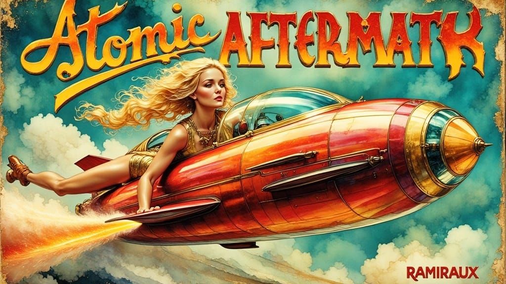 Retro-Futuristic Rocket Rider in a Glimmering Gold Outfit