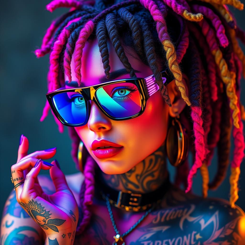 Cyberpunk Woman with Neon Dreadlocks in Matte Painting Style