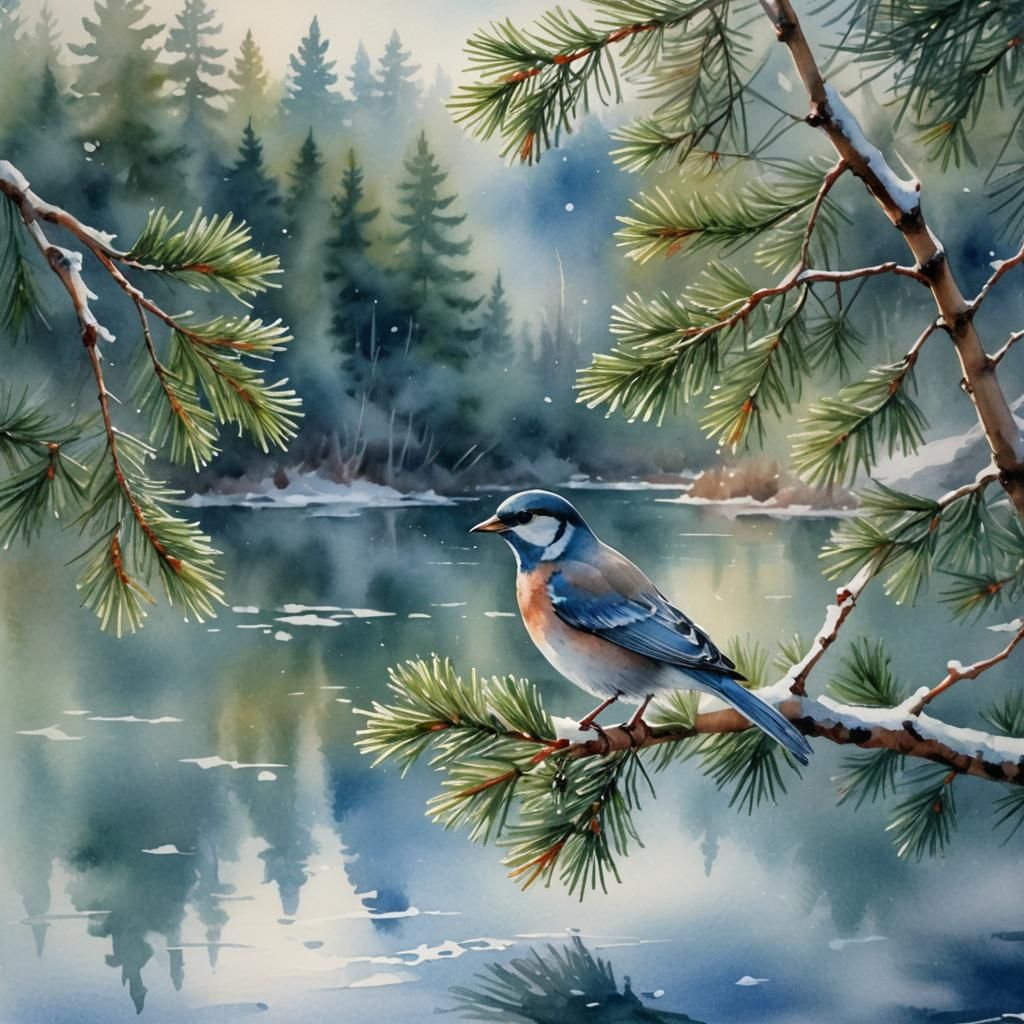 Watercolor Bird on Evergreen Branch in Winter