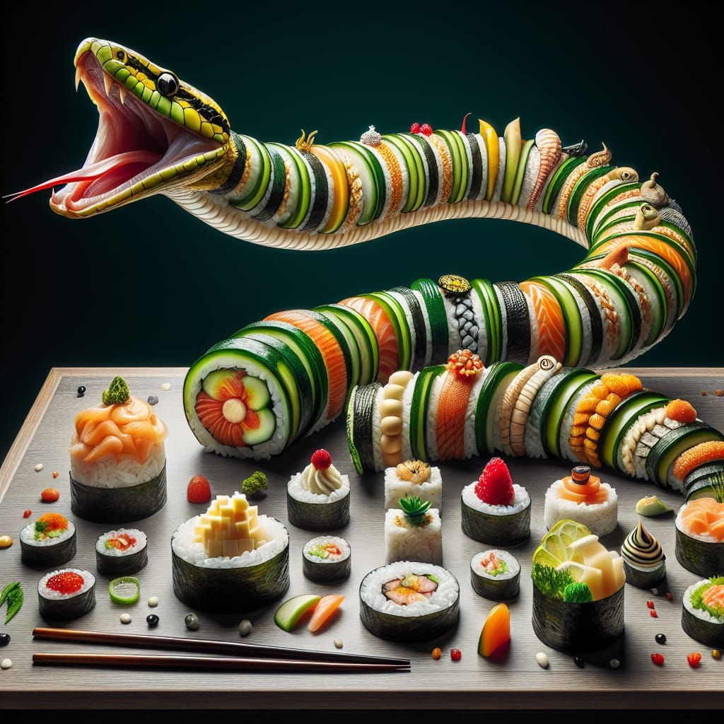 Spectacular surreal sushi snake, stillife