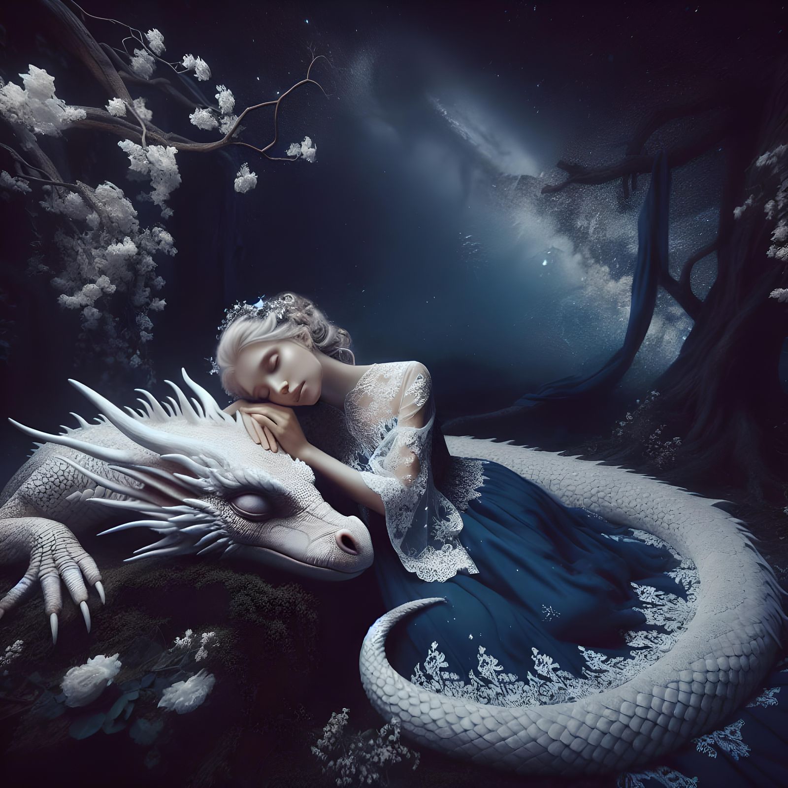 Maiden and Dragon Embrace Under Mystical Night Sky