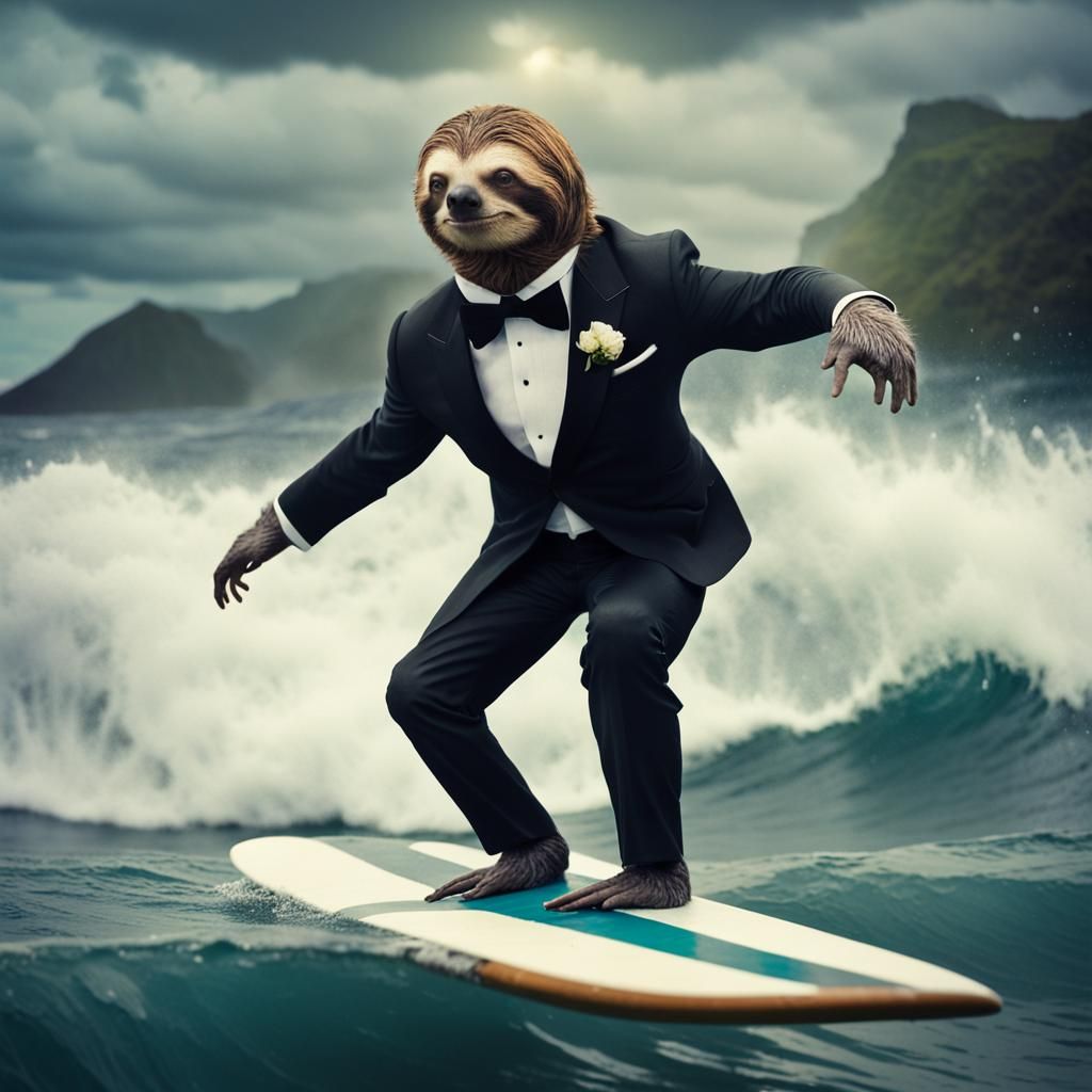 Sloth as James Bond Rides a Wave
