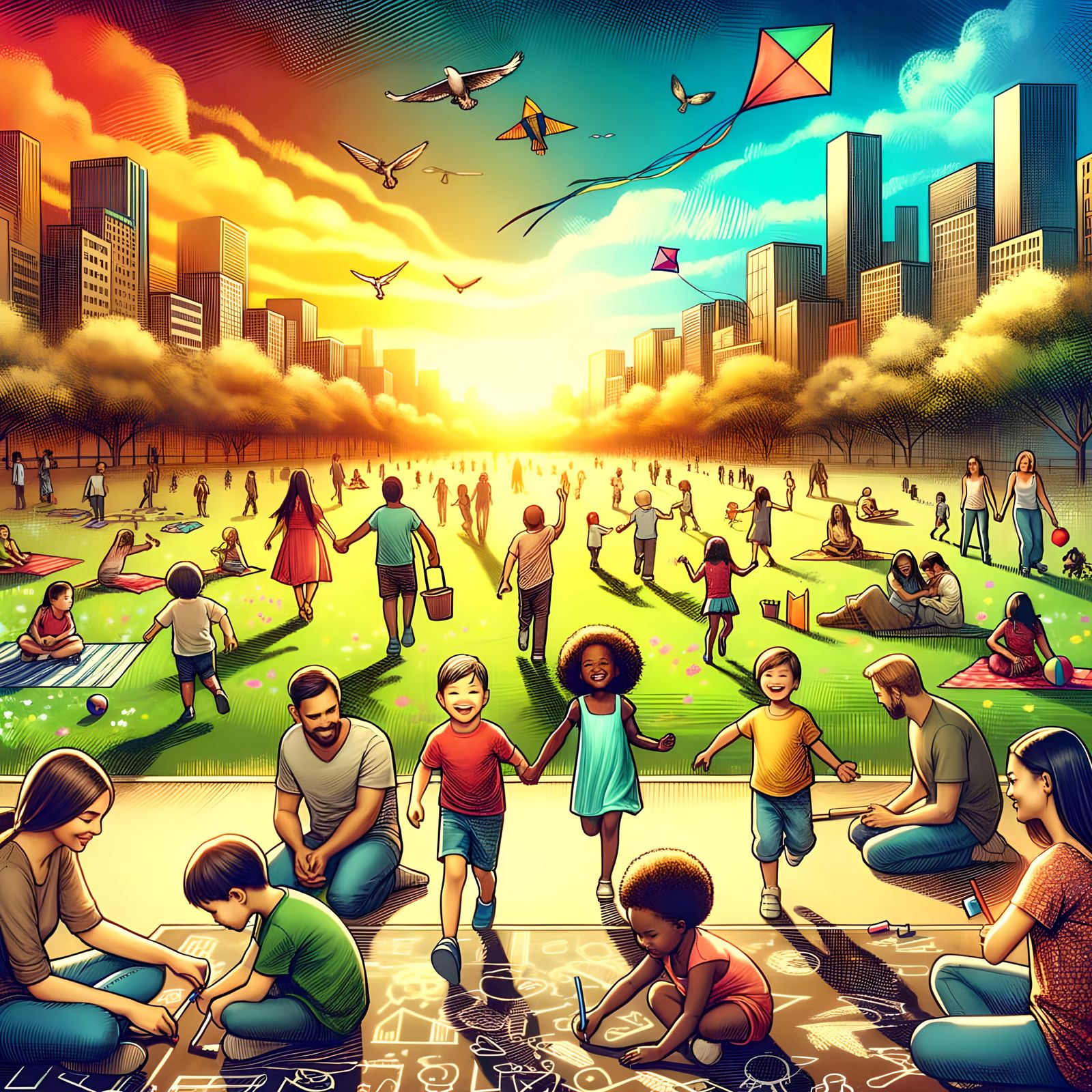 Children's Bliss: A Sunset Park Scene