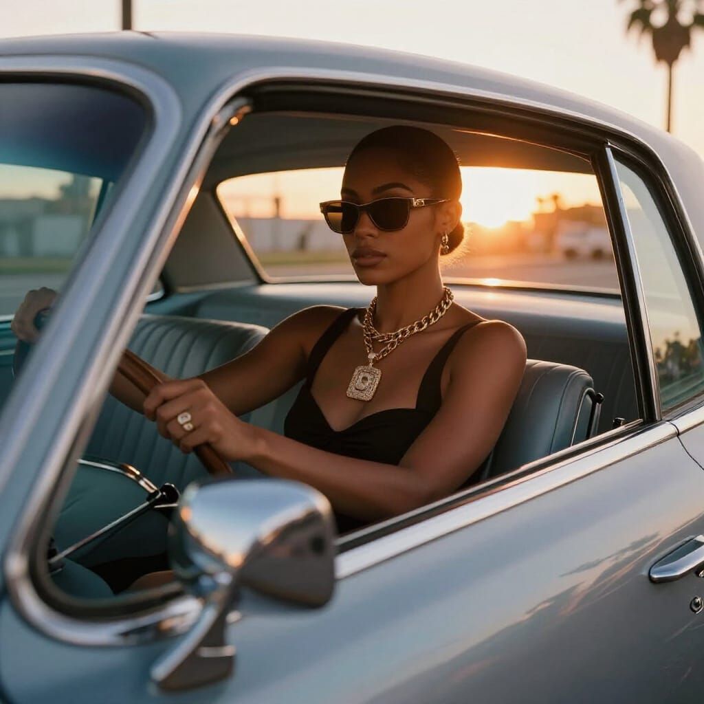 Woman Drives Lowrider at Sunset in LA