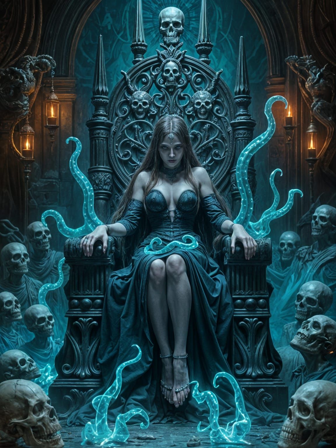 Occult Witch on Gothic Throne in Dark Ritual
