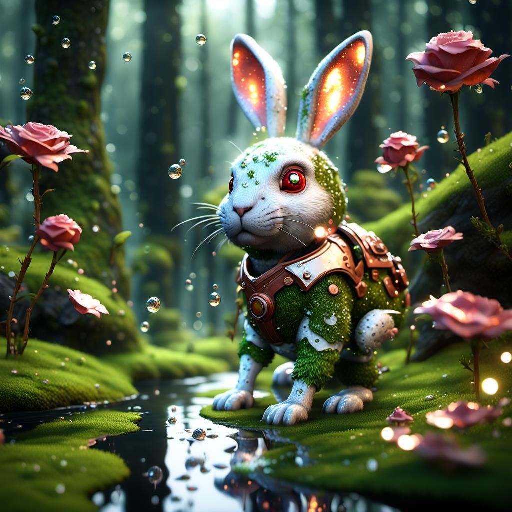 Cyborg Rabbit with Dew Drops in 3D Anime Style