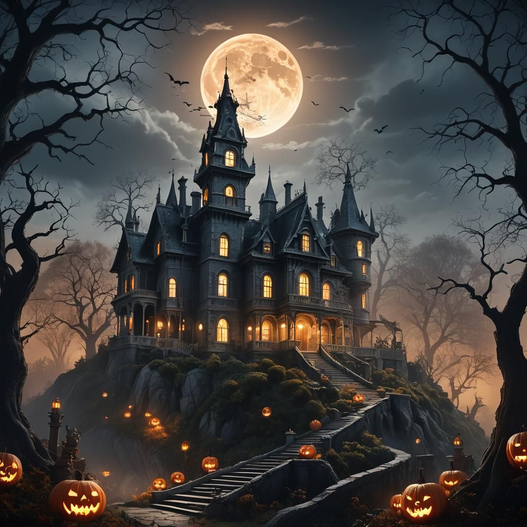 Haunted Mansion Under Full Moon: Fantasy Concept Art