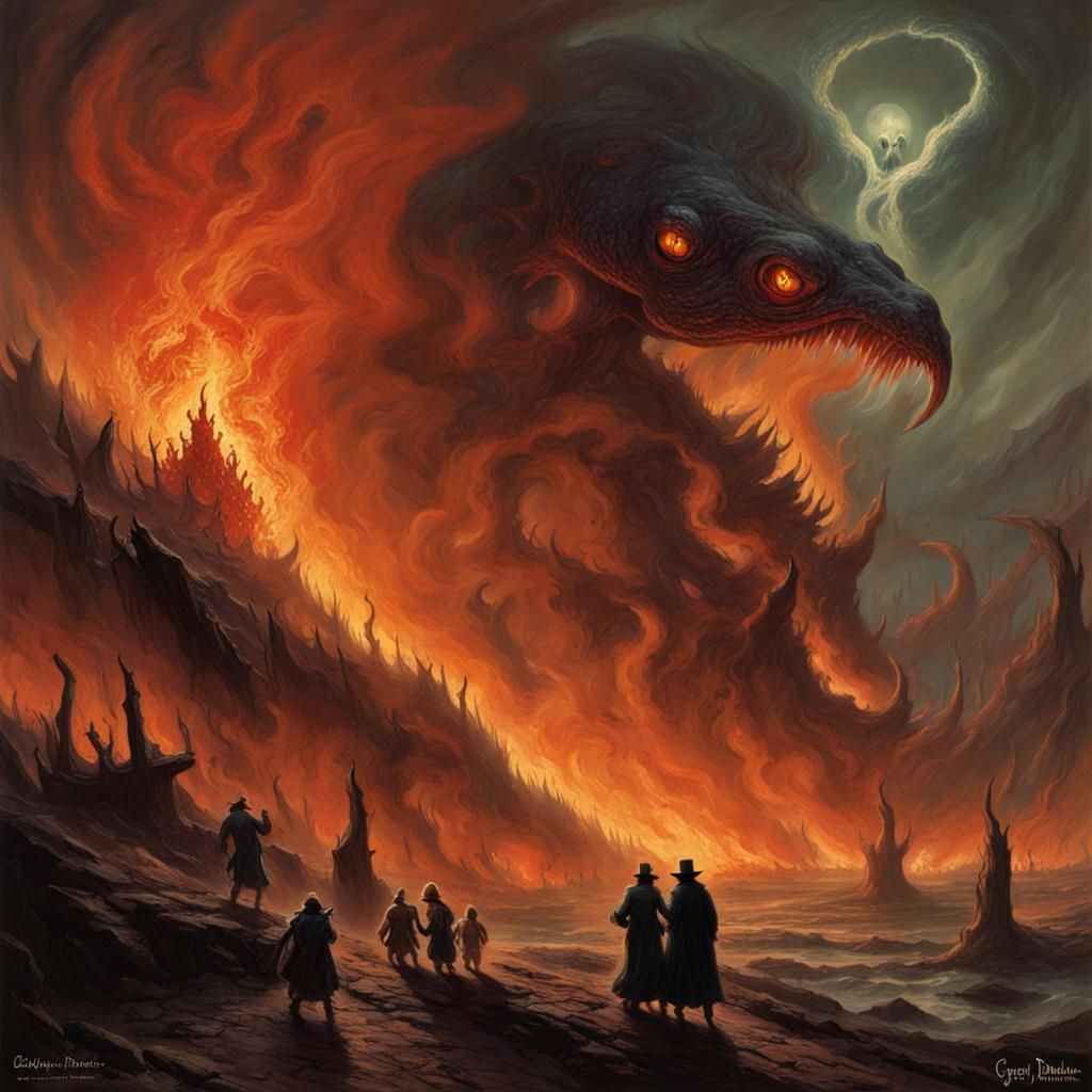 eldritch horror roaring flames gothic landscape