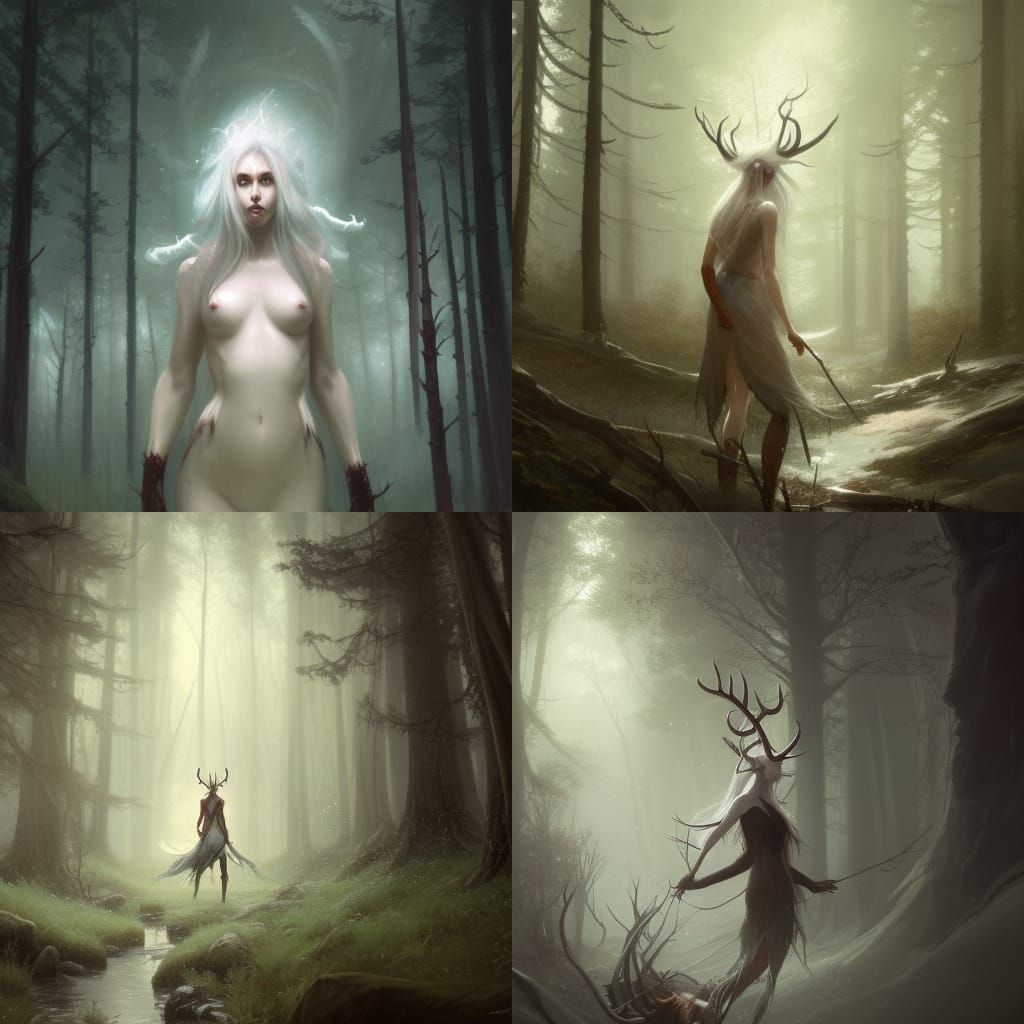 Antlered Woman in Forest, Art Nouveau Style