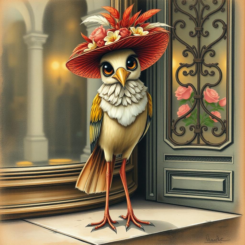 Glamorous Bird with Hat in Dreamlike Style