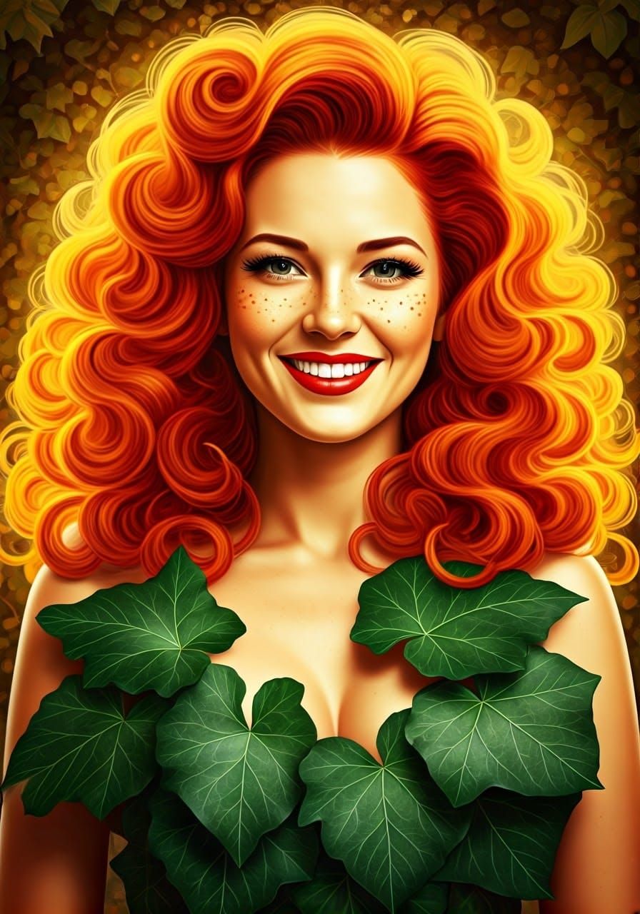 Fiery Pin-Up Goddess with Ivy Leaves and Freckles in Earthy ...