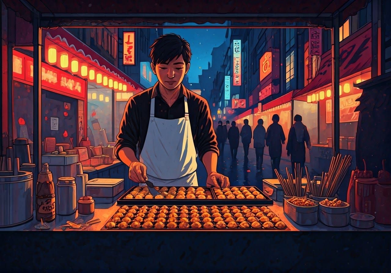 Takoyaki Street Food Vendor in Japanese Aesthetic Style