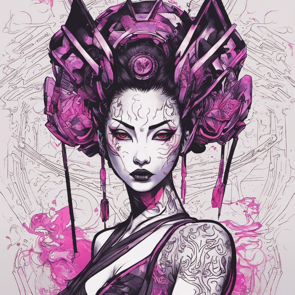 Cyberpunk Geisha Tattoo in Neon Cityscape