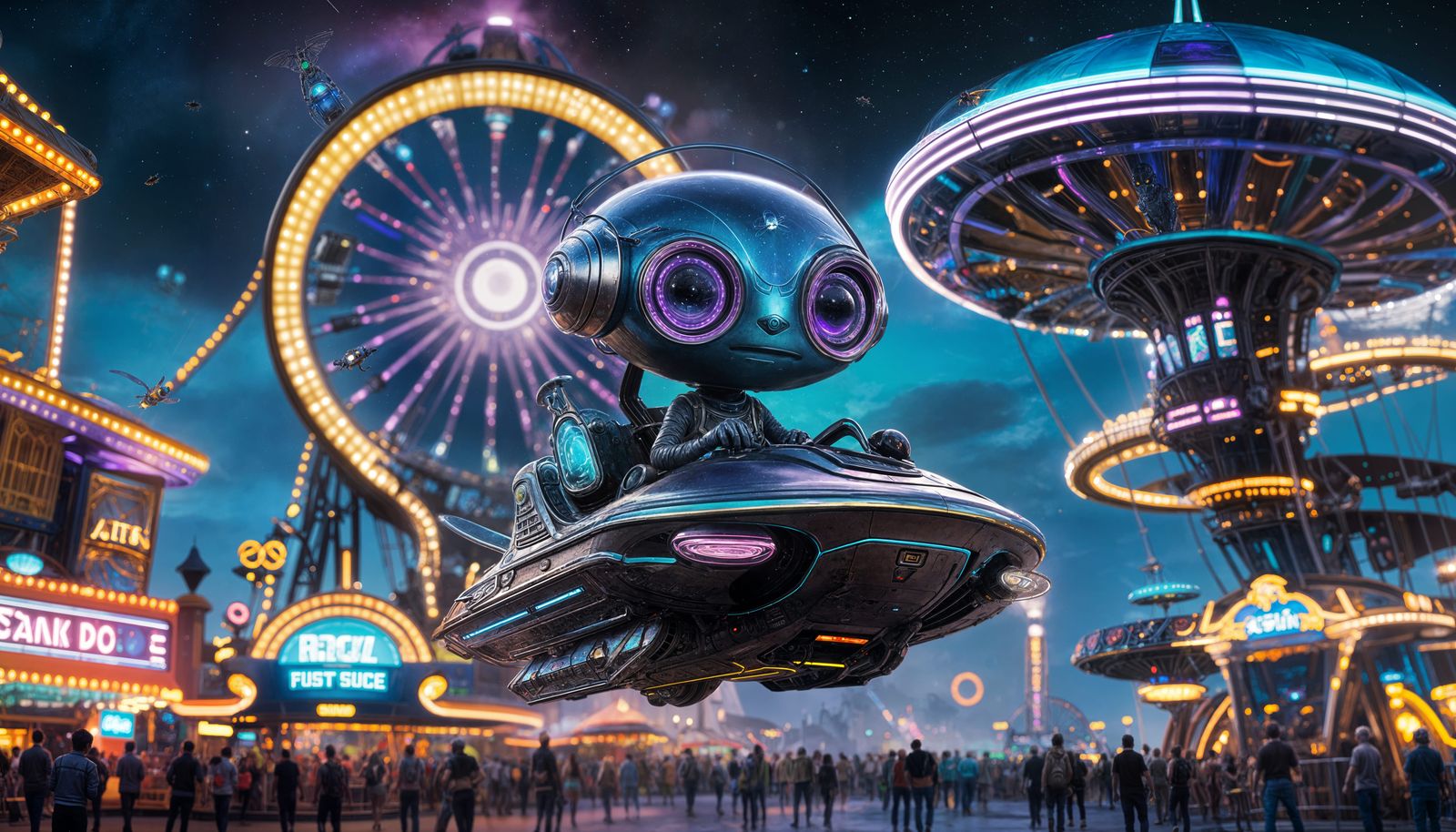 Space Alien Rides Flying Saucer: 8K Concept Art