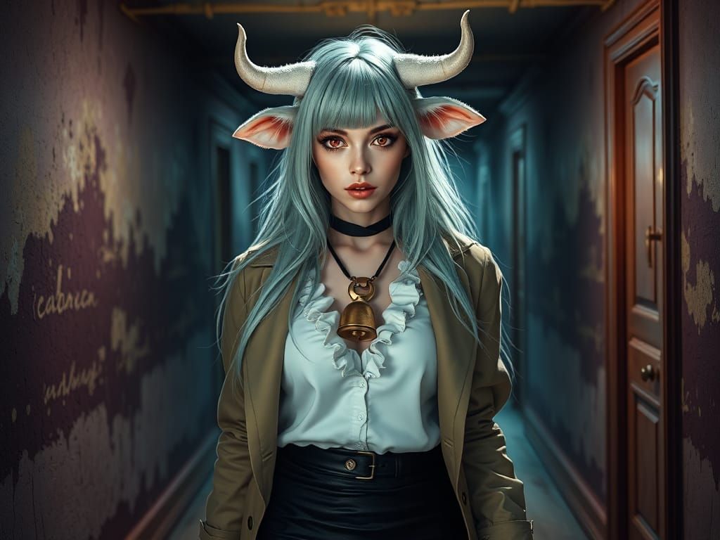 Cow-Eared Woman in Abandoned Hallway: Dark Fantasy Portrait