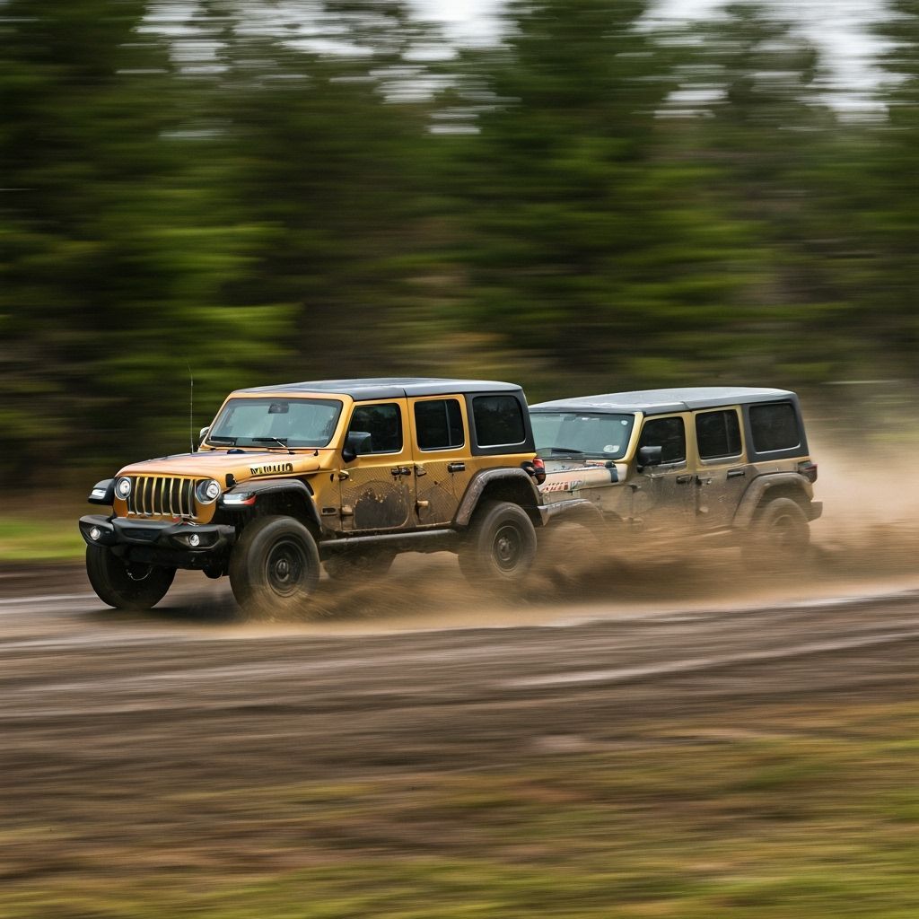 Jeeps Crashing Through Muddy Forest Trail