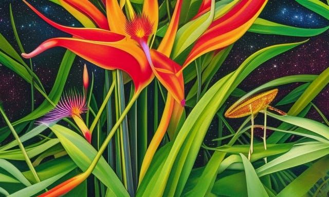 Woman-Heliconia Hybrid on Stargazing Platform: Surreal Digit...