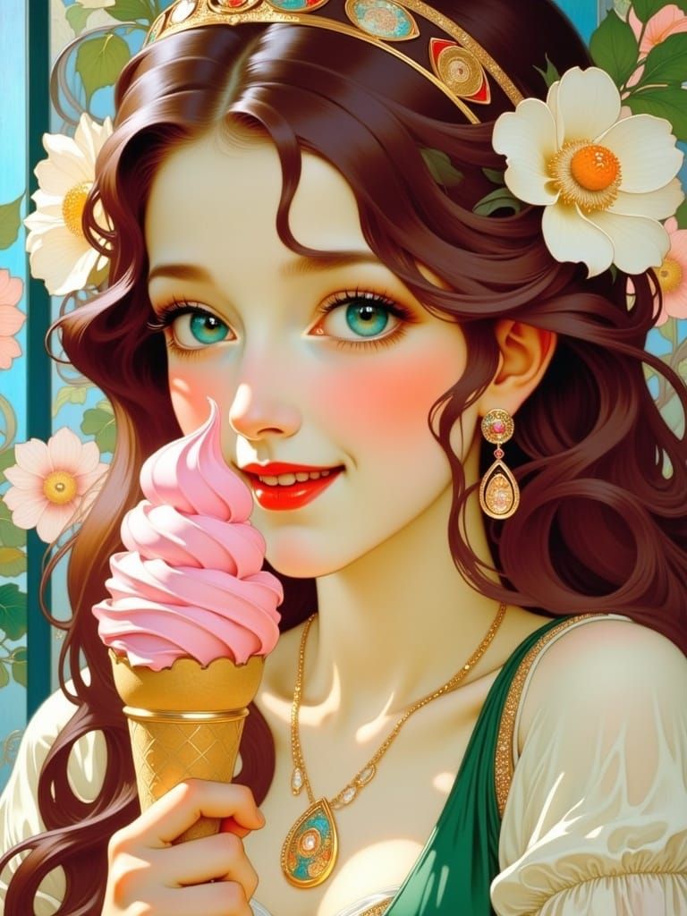 <lora:Art Nouveau Flux:1.0> MUCHA’S partial side profile of pretty FRECKLED!!!!lady  brunette with blonde streaks in her...