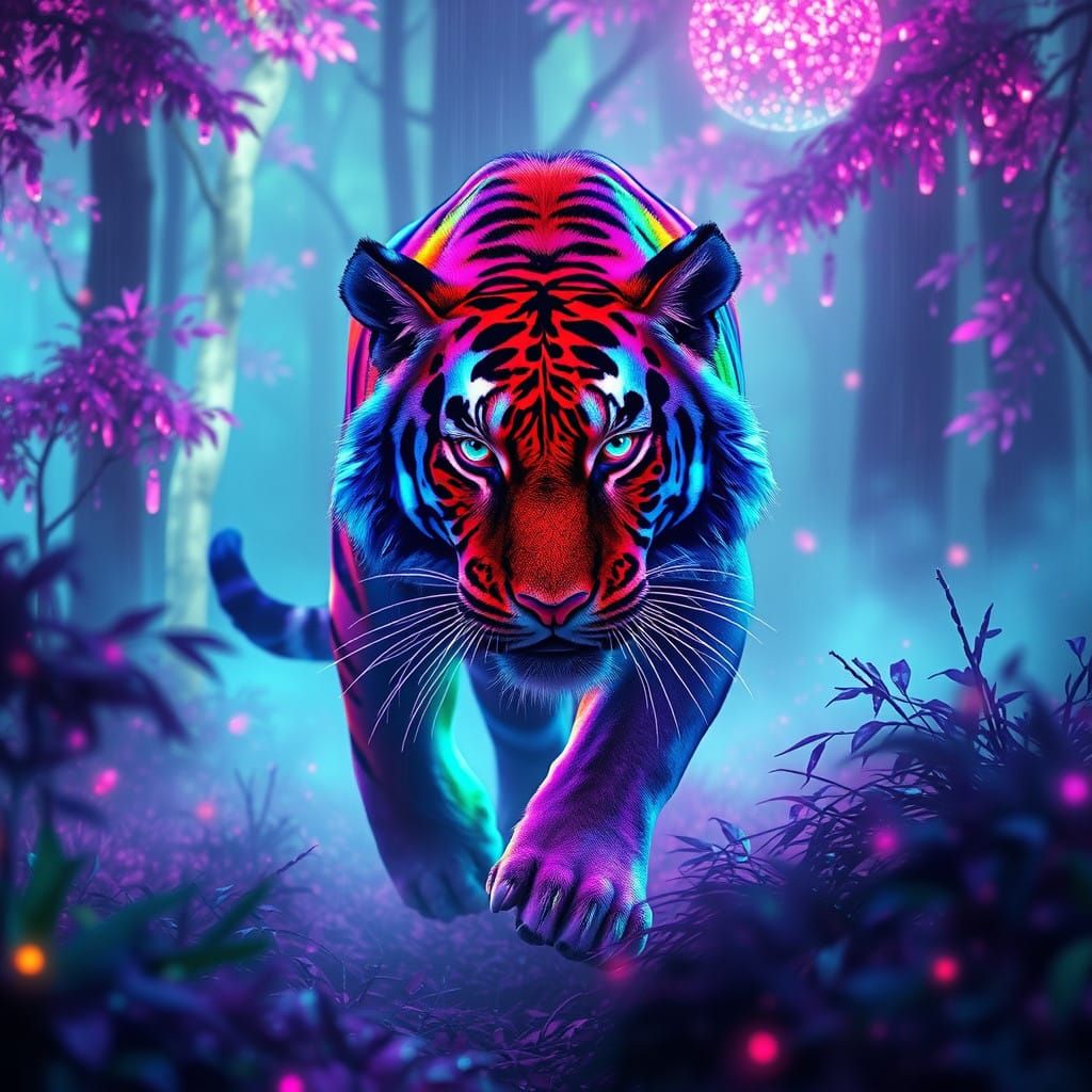 Neon Tiger in a Radiant Cyberpunk Forest