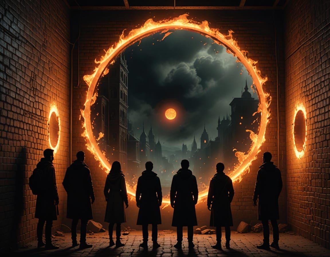 Flaming Portal on Brick Wall Digital Art