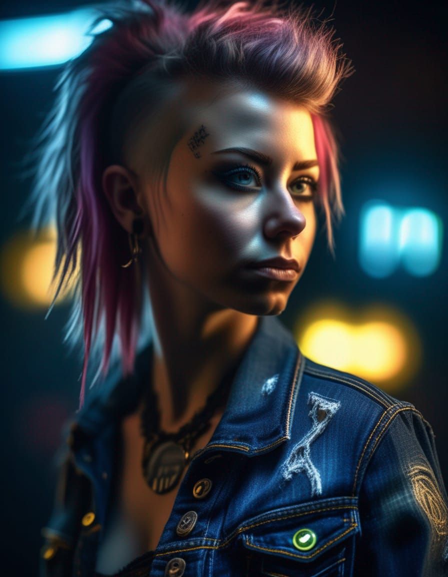 Hyper-Realistic Punk Rocker Girl in Neon God Rays