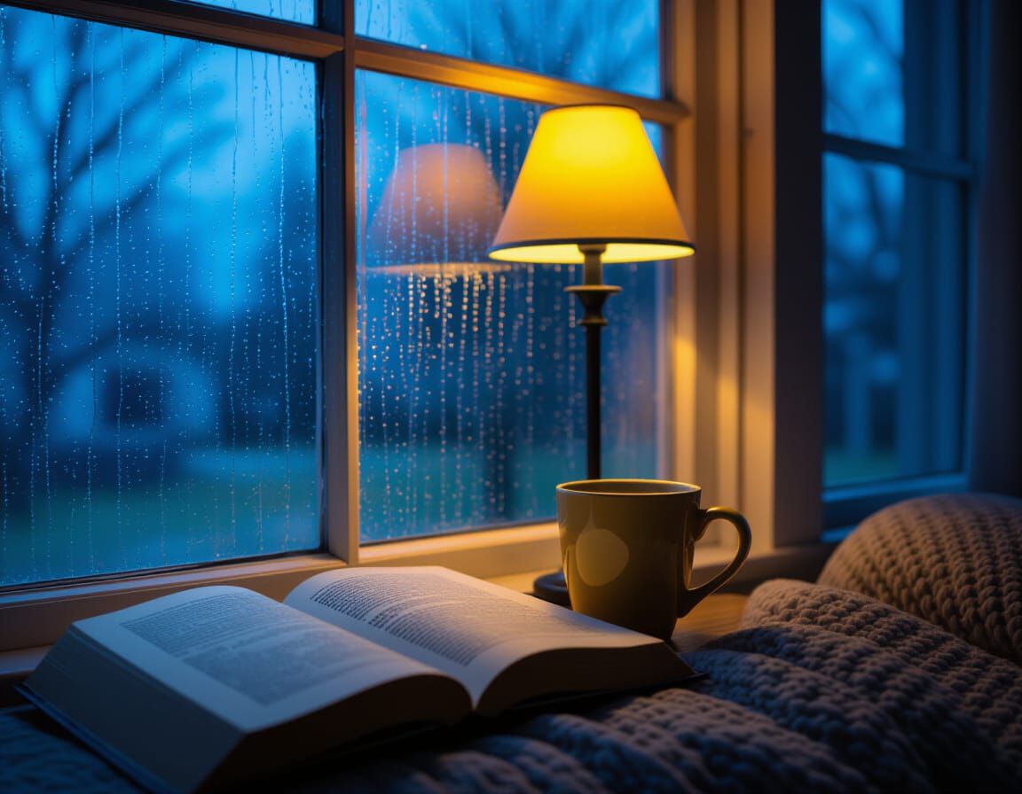Cozy Room View Through Rain-Streaked Window