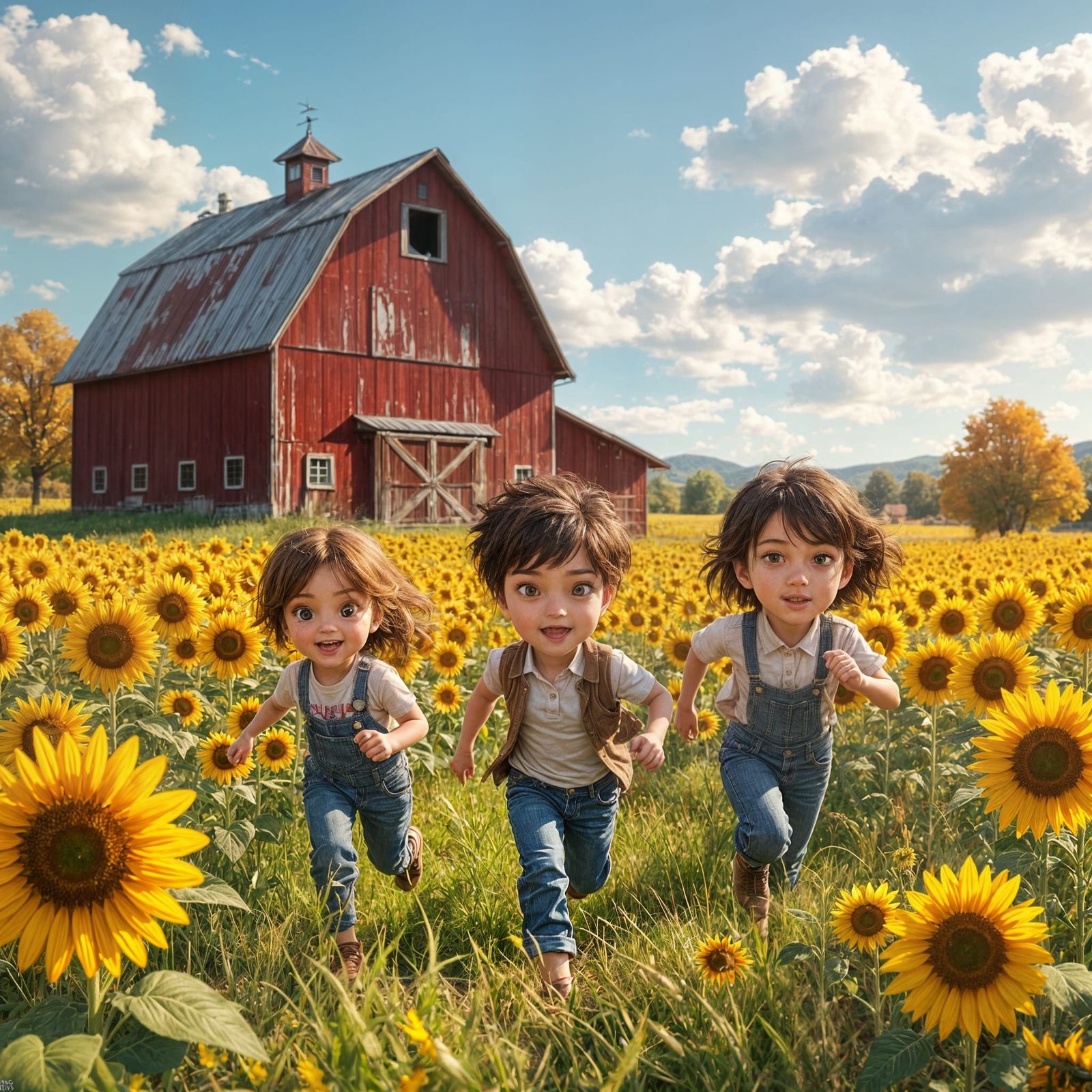 Children in Sunflower Field with Red Barn, Anime Style