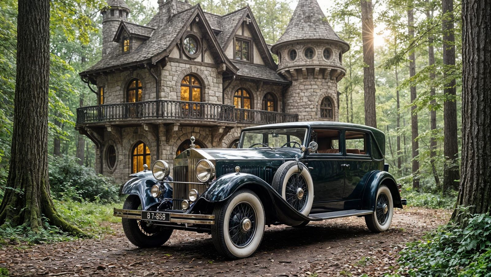 Elegant Rolls Royce Before Whimsical Elven Cottage