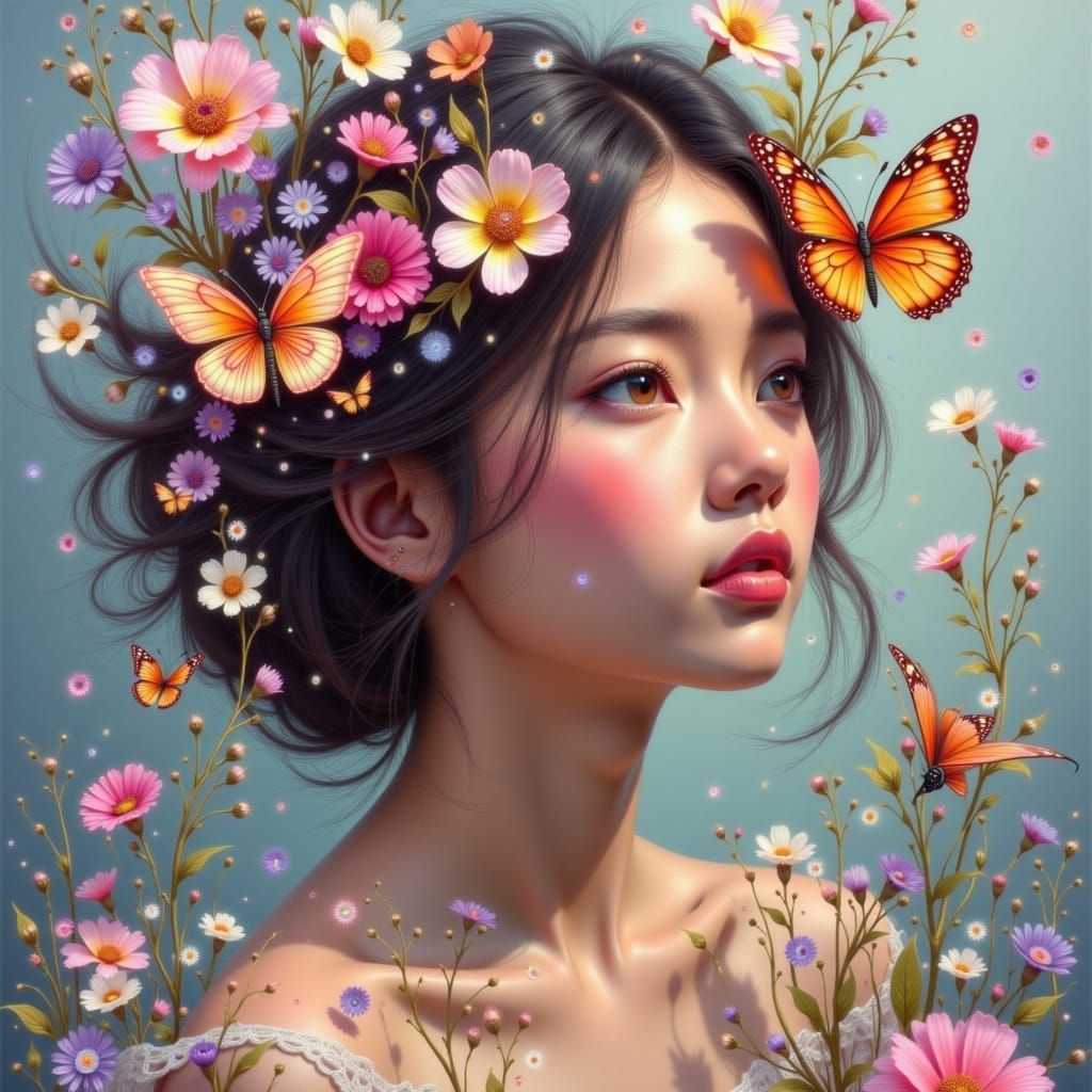 Woman with Glowing Butterflies: Impressionist Oil Painting