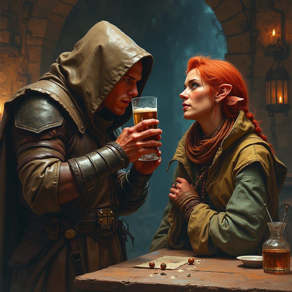 Half-Orc Rogue and Elf in Dark Fantasy Tavern