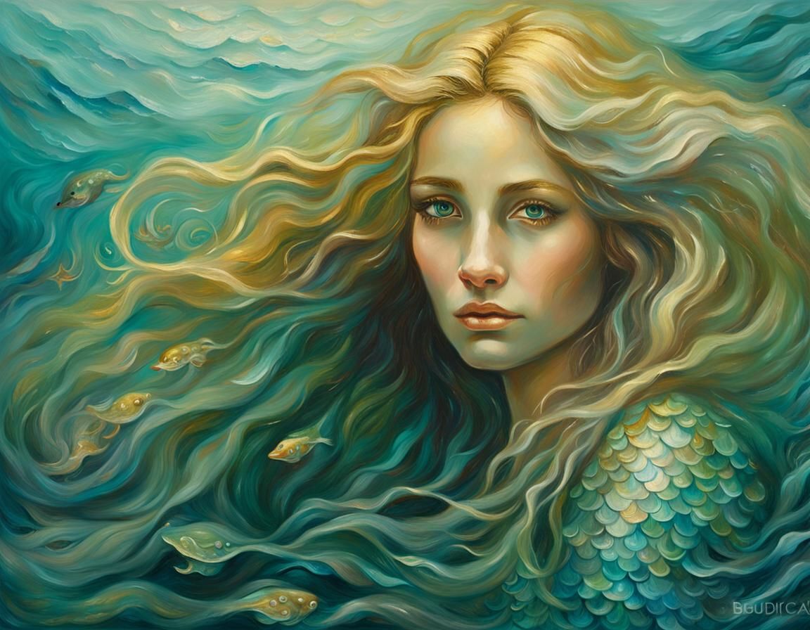 Romantic Mermaid Portrait in Oil Painting Style
