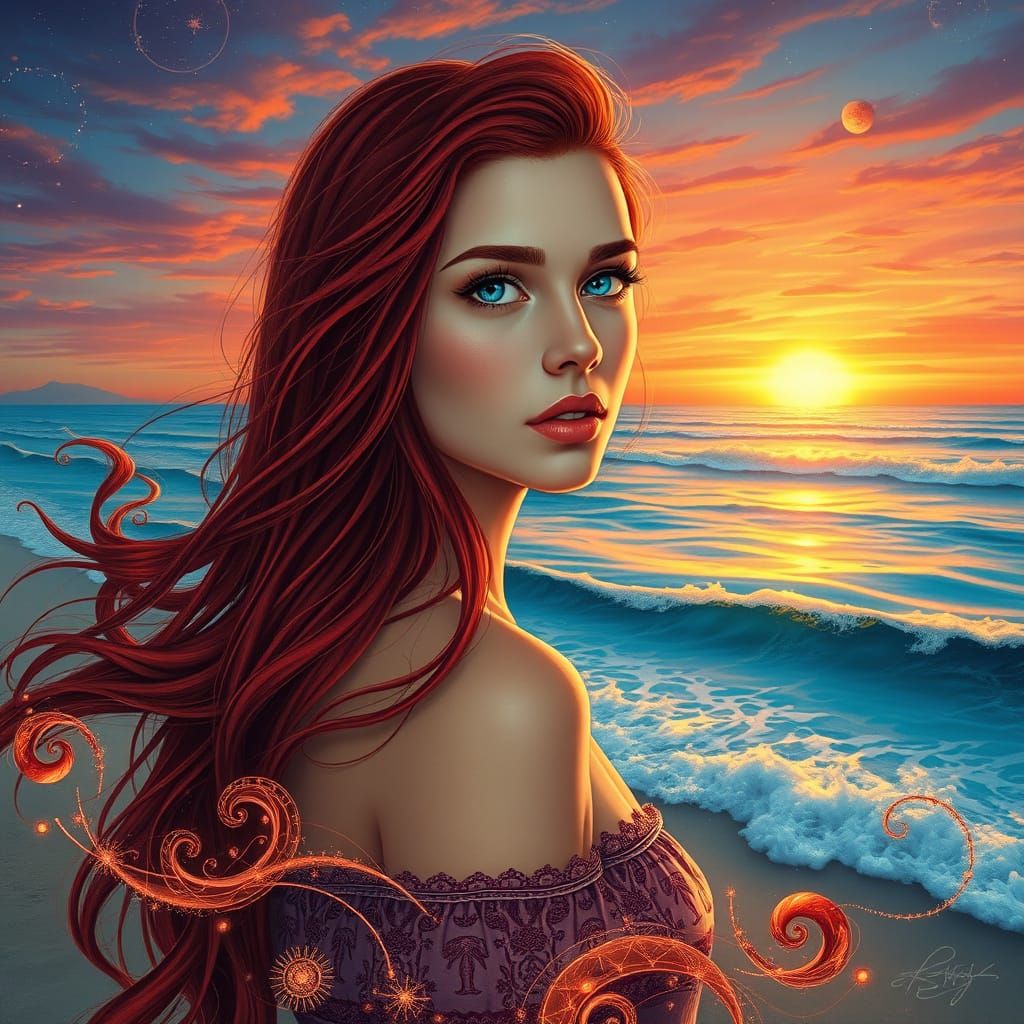 Ethereal Goddess in Cosmic Sunset Glow