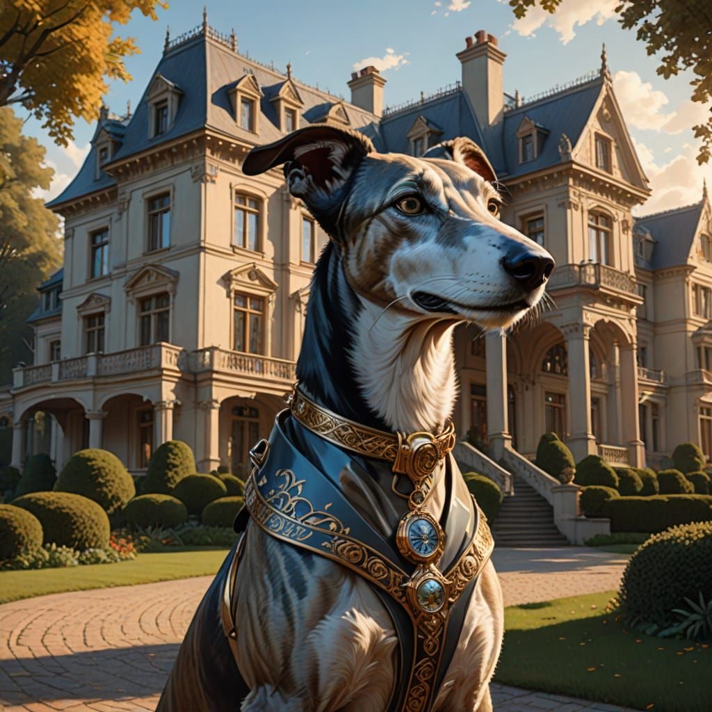 Aristocratic Greyhound Outside Mansion with Rolls Royce