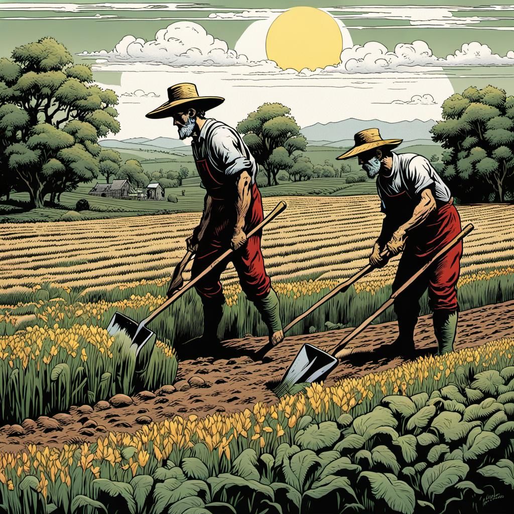 Farmers Working in Field, Comic Book Art