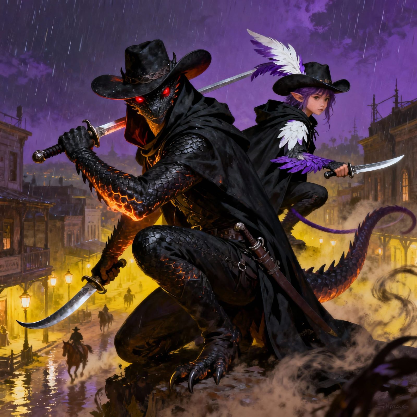 Dragonborn Rogue and Aarakocra Girl in Wild West City