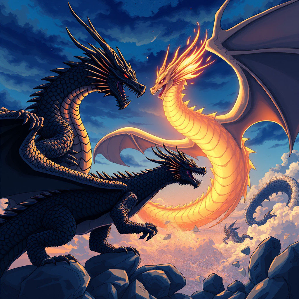 Epic Dragon Battle in Anime Style with Dramatic Lighting