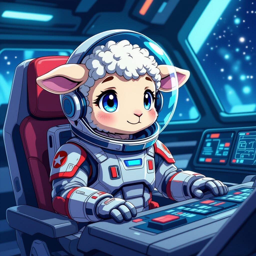 Lamb Piloting Spaceship in Anime Style