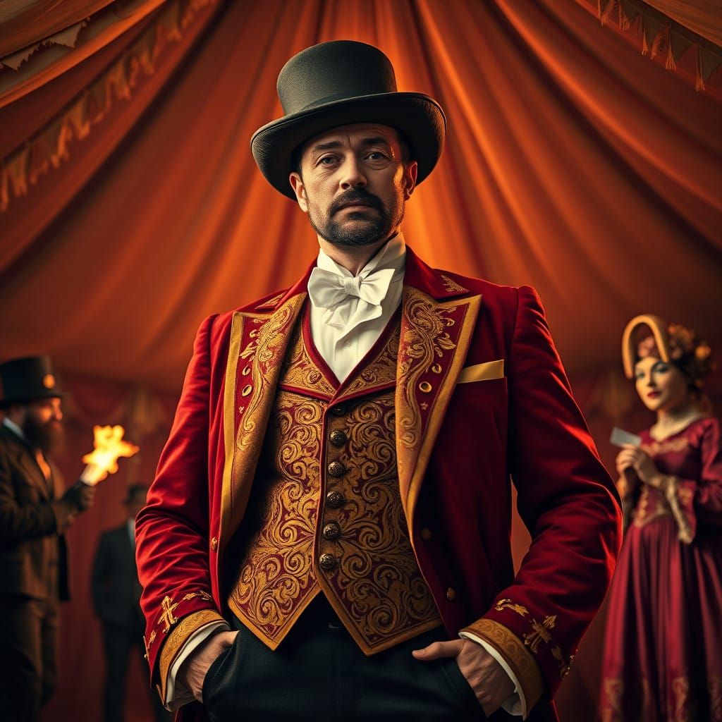 Circus Ringmaster in Vintage Attire Under Majestic Circus Te...