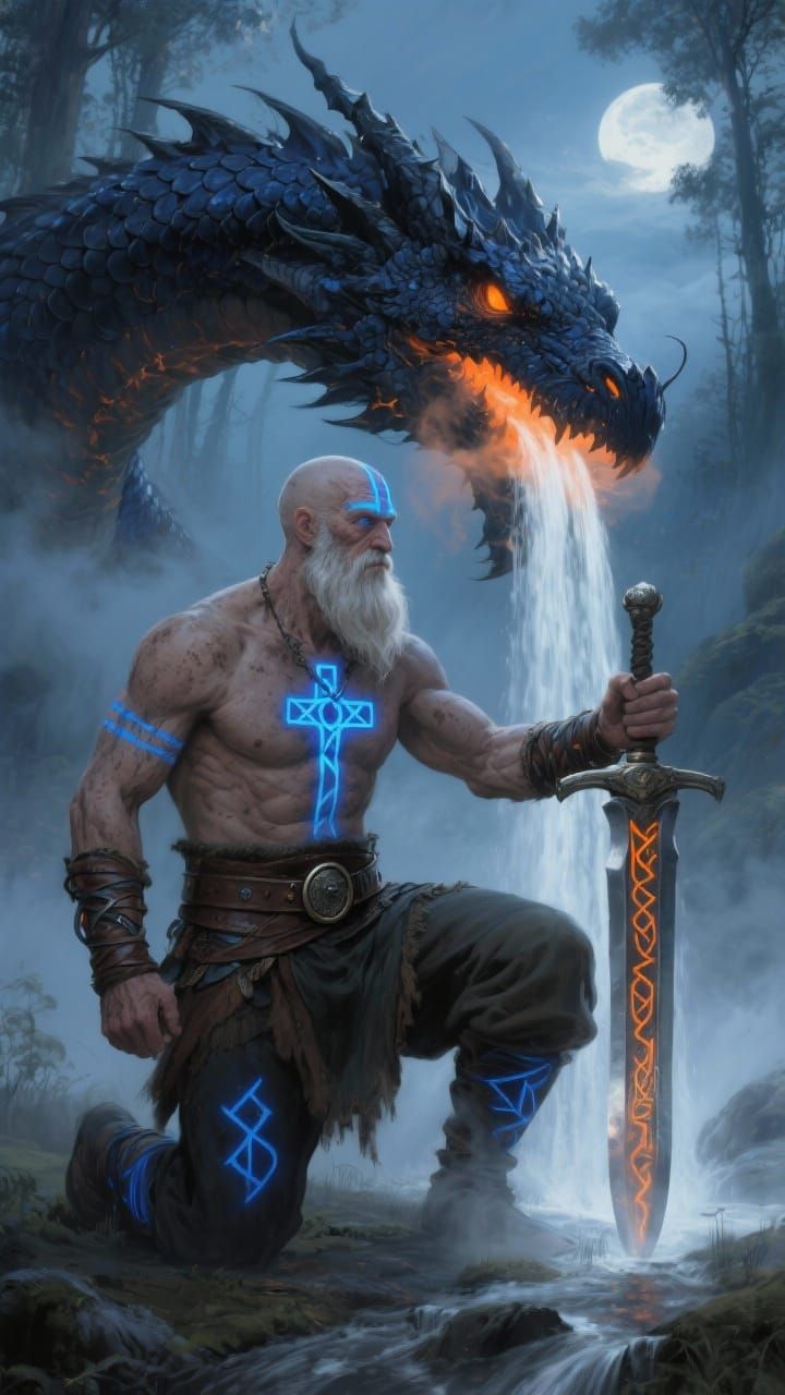 Viking Warrior Kneels Beside Dragon in Misty Forest